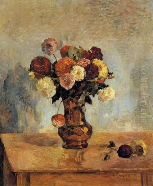 Dahlias dans un vase en cuivre Oil Painting by Paul Gauguin