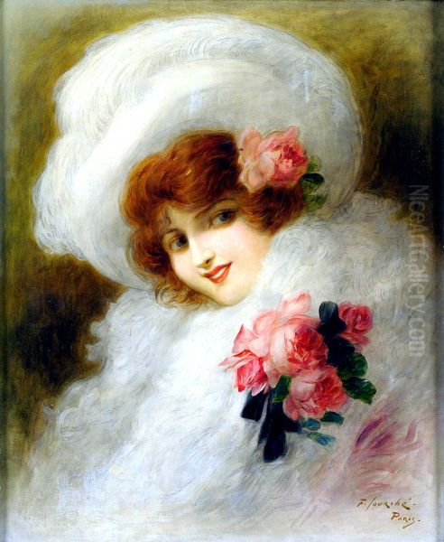 Dame in weisser Kleidung mit Rosen. Paris um 1900. Oil Painting by Felix Courche