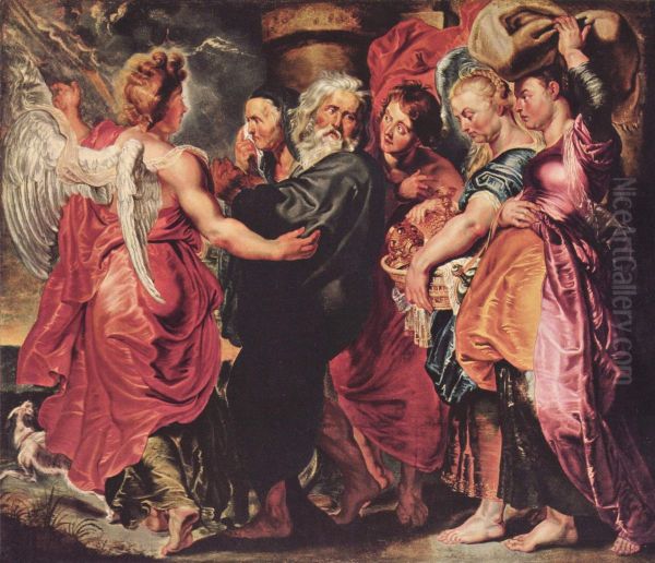 Lot and his family escaping from the doomed city guided by an angel Oil Painting by Peter Paul Rubens