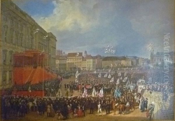 Hommage to Friedrich Wilhelm IV in front of the Berlin City Palace Oil Painting by Franz Kruger