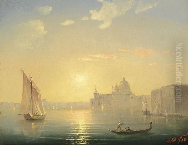 The Canal Grande with a view of Santa Maria della Salute at sunset. Oil Painting by Ivan Aivazovsky