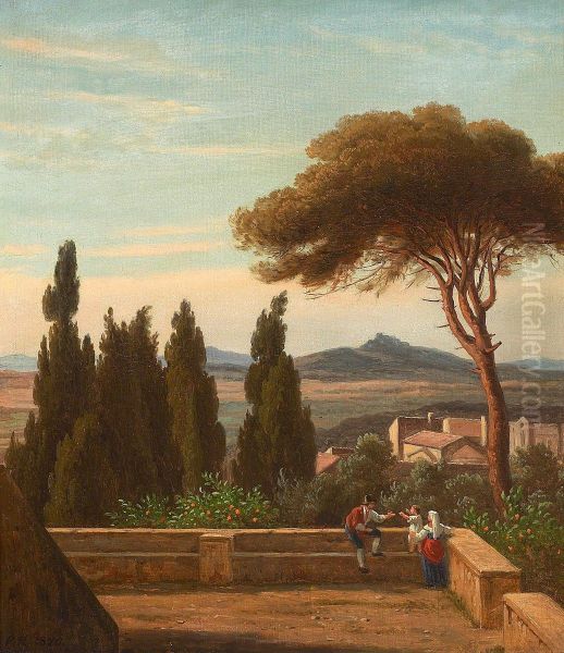 A view from Villa d'Este with pines, cypresses and a family on the terrace. Oil Painting by Johan Peter Raadsig