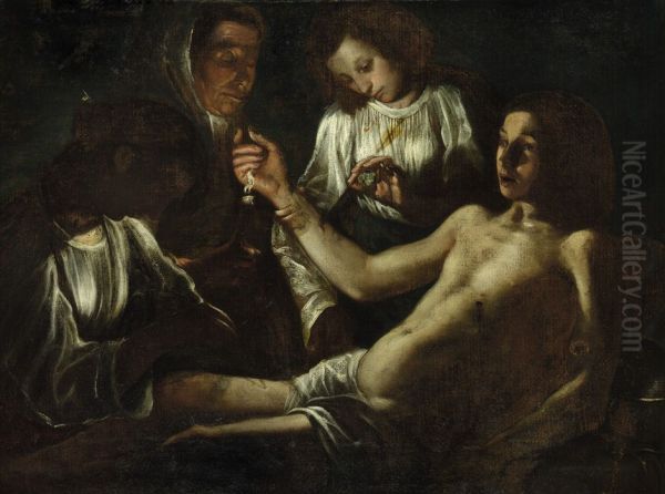 Saint Irene of Rome caring for Saint Sebastian. Oil Painting by Caravaggio