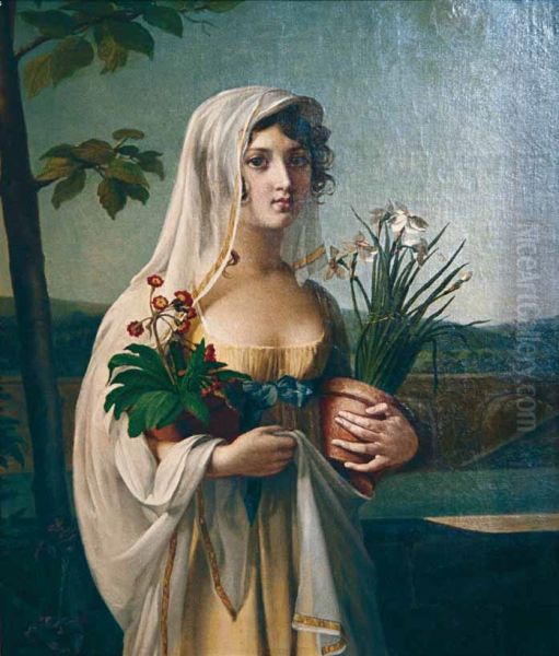 Une jeune fille portant deux pots de fleurs Oil Painting by Marie-Guillemine Benoist