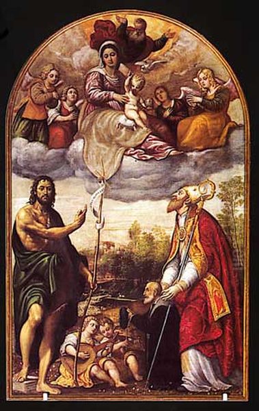 Virgen en la gloria con San Juan Bautista, San Tiziano y donante Oil Painting by Pomponio Amalteo