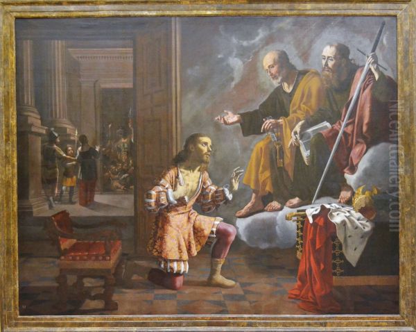 Aparition of the apostoles S Peter an S Paul to emperor Constatin Oil Painting by Jeronimo Jacinto De Espinosa