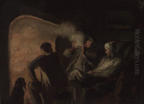 Hunters by the fireside Oil Painting by Honore Daumier