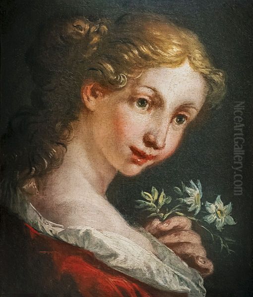 Girl holding flowers Oil Painting by Gaspare Diziani