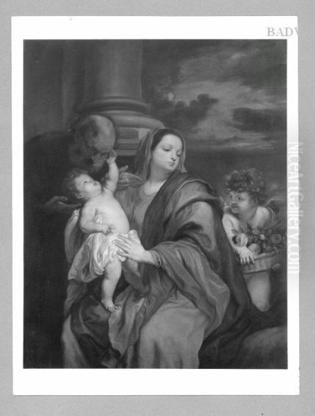 Holy family with angel and flowers Oil Painting by Anthony Van Dyck