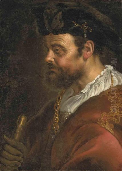 A Tronie Of A Man In Ceremonial Robes With A Gold Chain And Ahat Oil Painting by Adam Camerarius