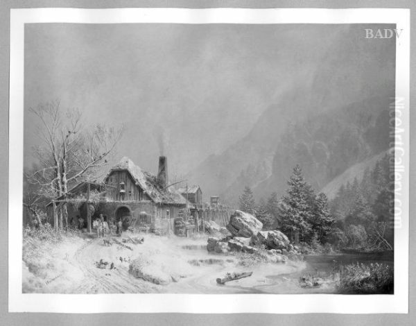 Winterlandschaft mit Schmiede Oil Painting by Heinrich Burkel