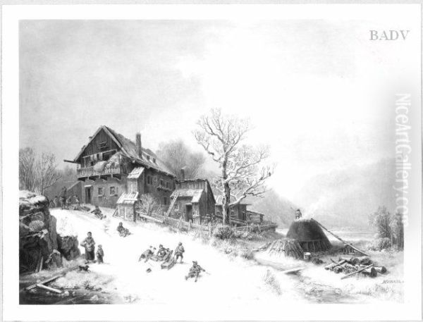 Winterlandschaft mit Bauernhaus und Kindern Oil Painting by Heinrich Burkel