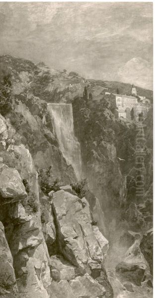 Wasserfall (mit Kloster im Hintergrund) Oil Painting by Gustav Schonleber