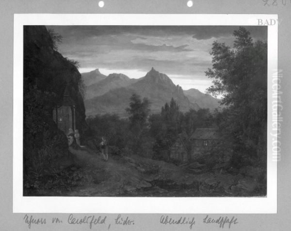 Abendlandschaft im Gebirge mit erleuchteter Kapelle Oil Painting by Julius Schnorr Von Carolsfeld