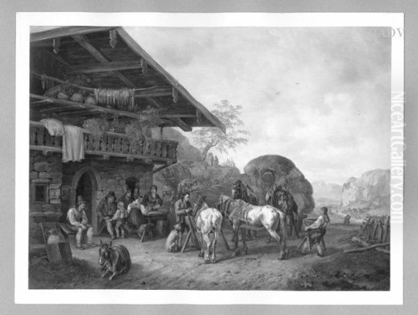 hay carriage in front of a peasant-house Oil Painting by Heinrich Burkel