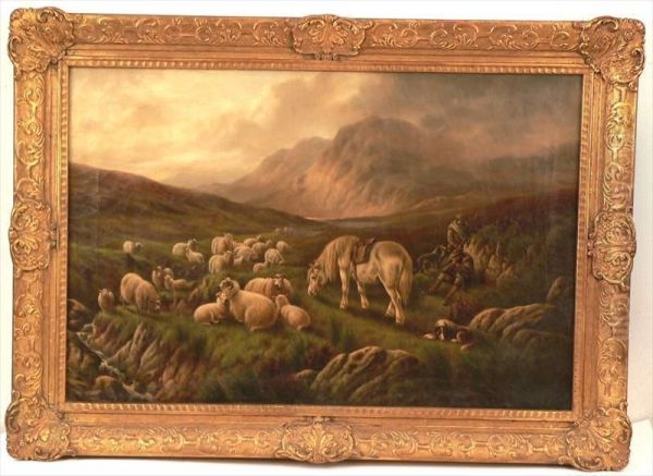 A Scottish Landscape With Sheep, Shepherds, Horse And Dog. Oil Painting by Duncan Cameron