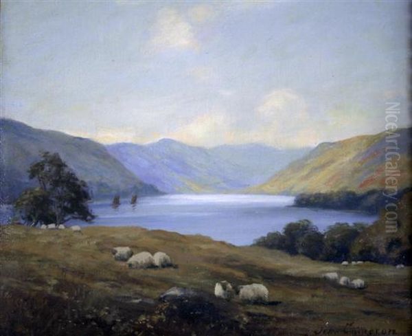 Sheep With Loch Beyond Oil Painting by John Cameron