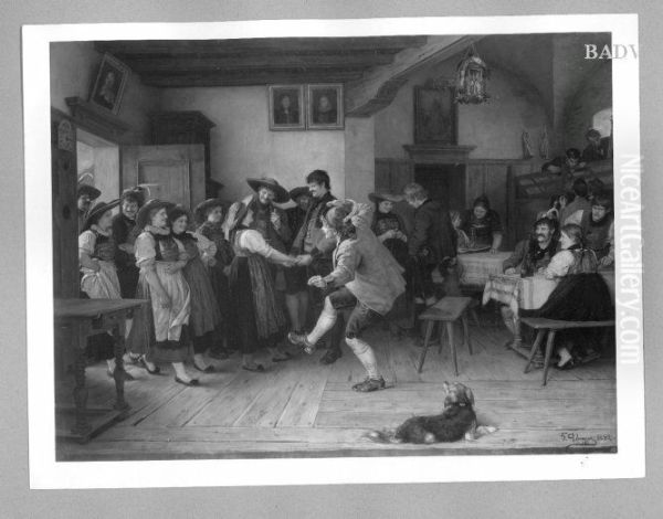 merry society of young peasants in an inn Oil Painting by Franz Defregger