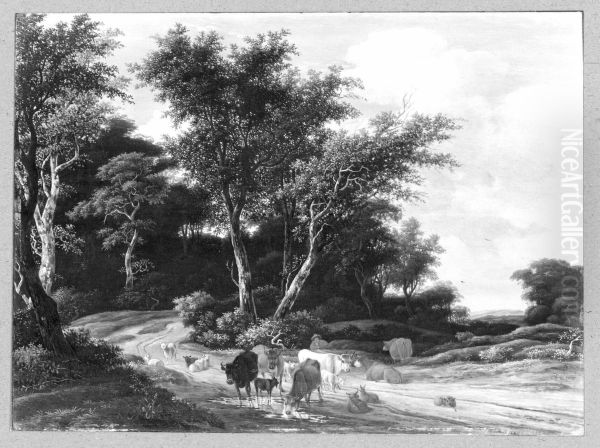 Wooded landscape with herders and cattle Oil Painting by Jacob Van Ruisdael