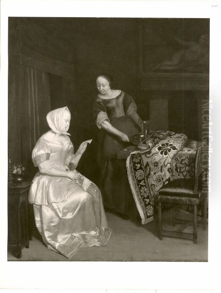 Interior with a woman reading a letter and a maid Oil Painting by Jacob Ochtervelt