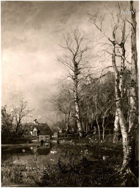 Fruhlingslandschaft mit Bauernhausern und Ententeich Oil Painting by Emil Jakob Schindler