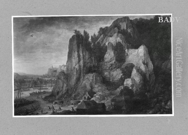 Landscape with rock and mines Oil Painting by Lucas van Valckenborch