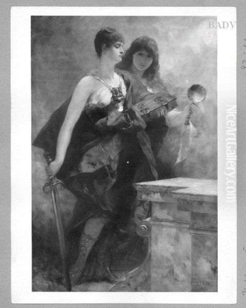 2 allegone female figures with sword,book and mirror ( Justica and wisdom ? ) Oil Painting by Ferdinand Keller