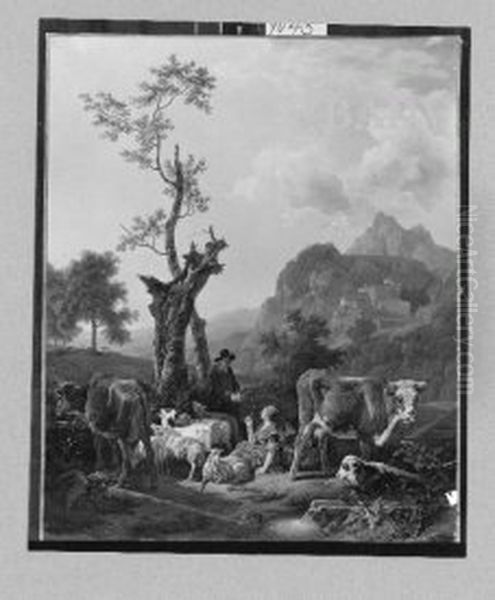 landscape with shepherds + castle Oil Painting by Jean-Louis de Marne