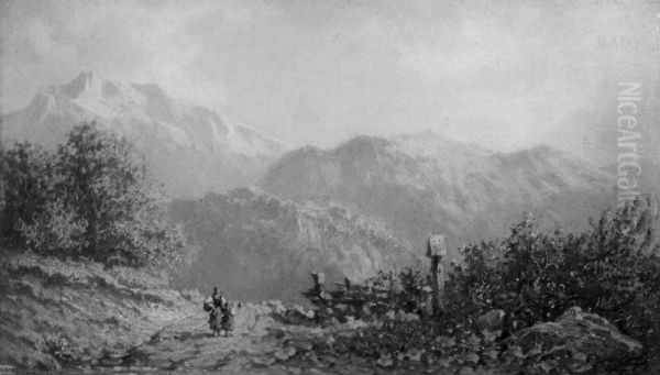 Berglandschaft mit Kreuz und zwei Kindern im Vordergrund Oil Painting by Carl Spitzweg