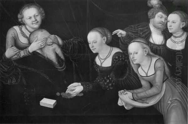 6 persons, girls playing with an old man Oil Painting by Lucas Cranach the Elder