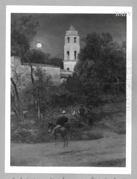 Italien church in the moonlight + figures Oil Painting by Oswald Achenbach