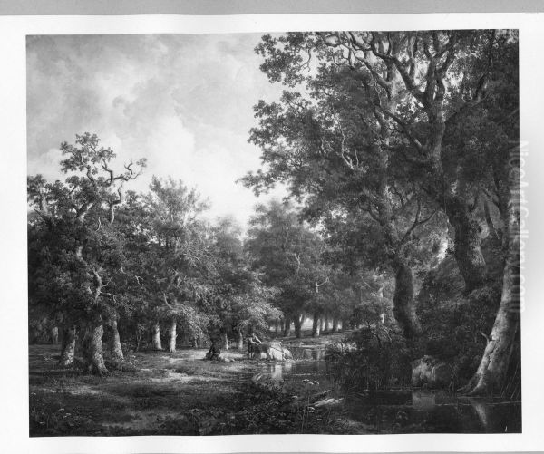 Brook in a forest with fishermen Oil Painting by Barend Cornelis Koekkoek