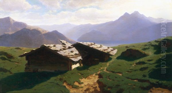 Chalets a Rigi Oil Painting by Alexandre Calame