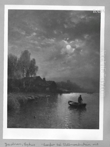 Landscape at moonlight fishing - men in a boat Oil Painting by Sophus Jacobsen