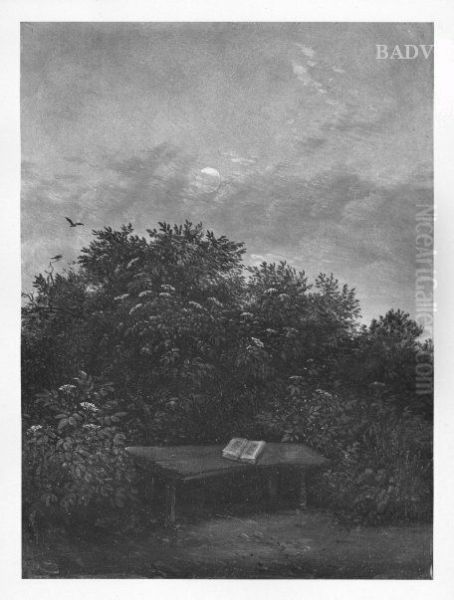 garden-bench and moonlight Oil Painting by Carl Gustav Carus