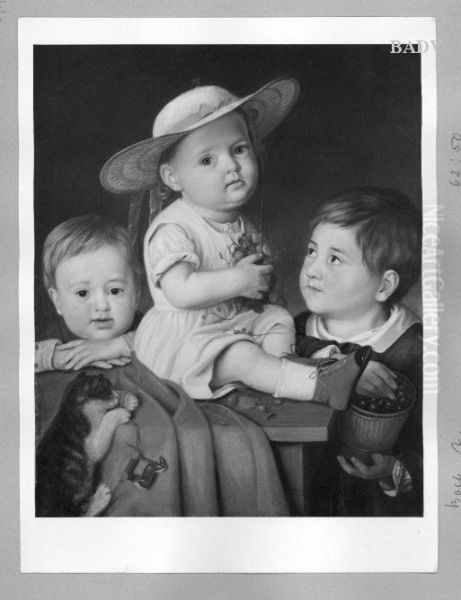 portrait of three children with a cat Oil Painting by Anton Boch