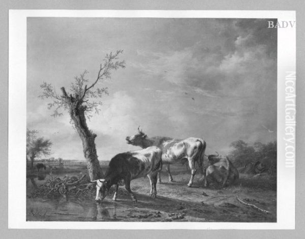 Cows with shephed in a landscape Oil Painting by Ferdinand Kobell