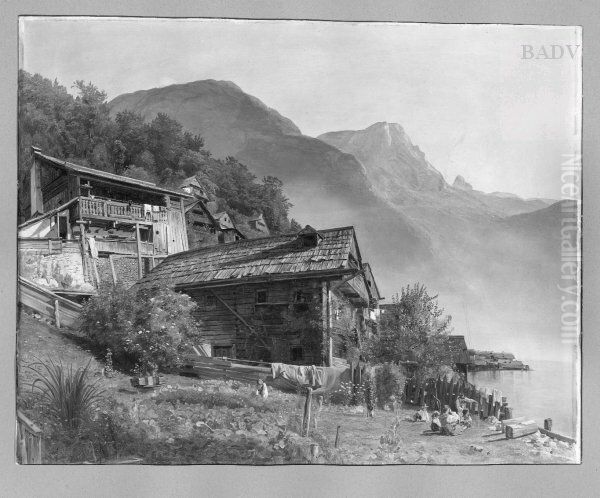 Bauernhauser am Hallstadter See Oil Painting by Ferdinand Georg Waldmuller