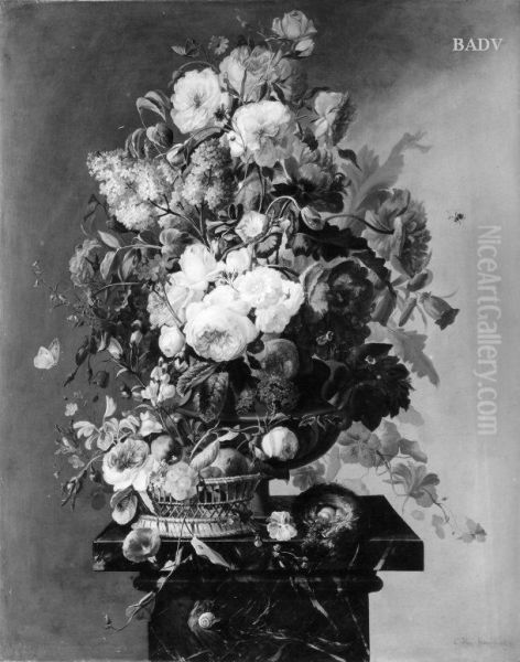 Blumenstuck mit Fruchtkorb Oil Painting by Cornelis van Spaendonck