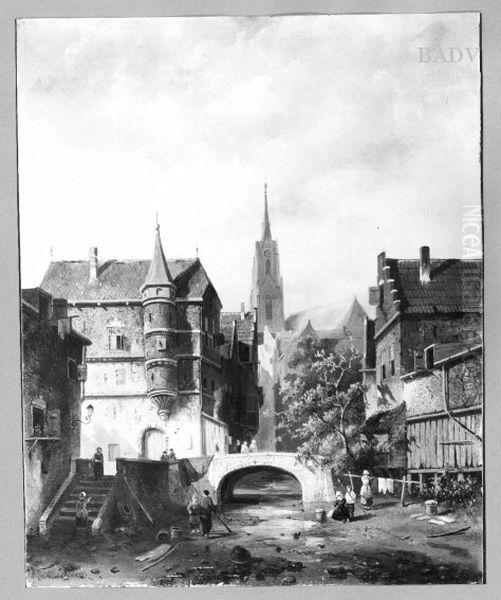 Am Stadtbach, alte Hauser und Brucke in einer hollandischen Stadt Oil Painting by Charles Leickert