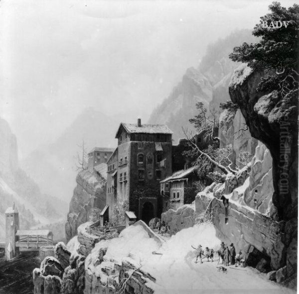 Bergstadtchen im Schnee (Finstermunzpass) Oil Painting by Heinrich Burkel