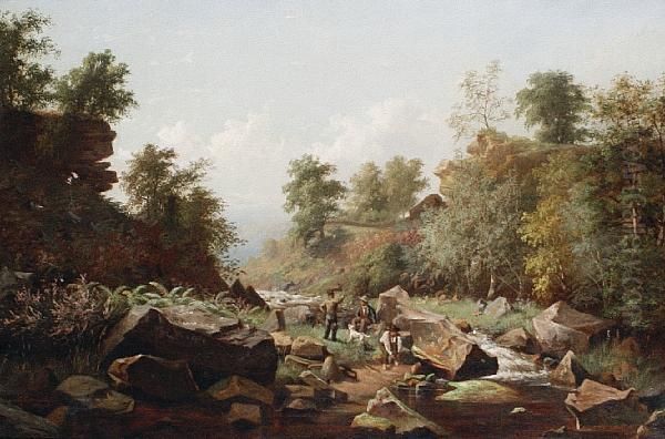 A Rocky Riverbank Oil Painting by George Cammidge