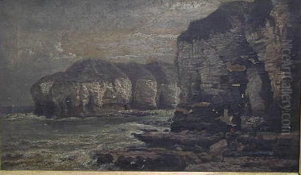 Fisherfolk With The Day's Catch In A Rocky Cove Oil Painting by George Cammidge