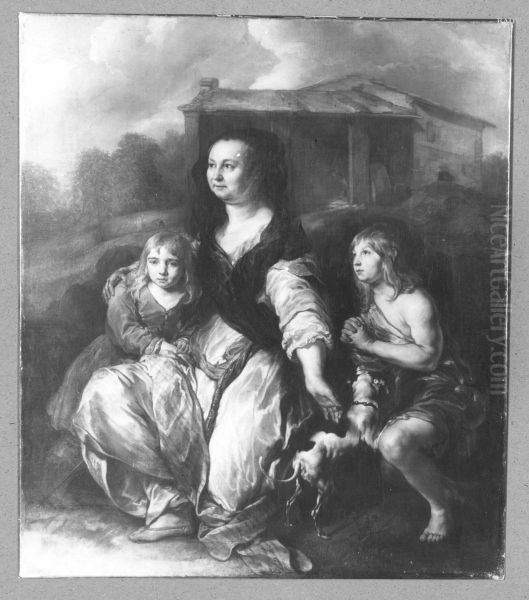 Portrait of a widow with 2 children Oil Painting by Jan van Noordt