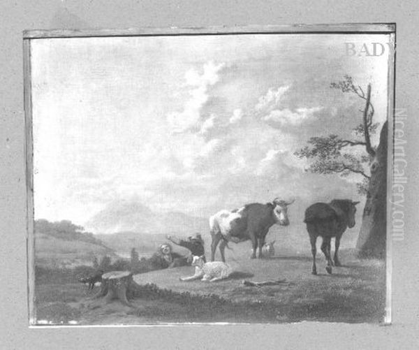 Landschaft mit zwei Hirtenjungen, Kuh, Pferd und Schafen Oil Painting by Karel Dujardin