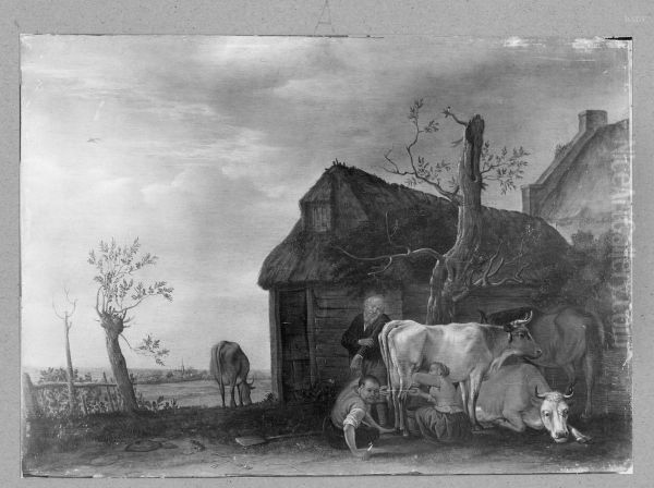 Melkszene vor einem Bauernhaus Oil Painting by Paulus Potter