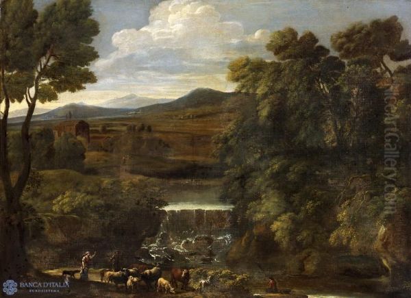 Landscape with shepherds and herds Oil Painting by Crescenzio Onofri