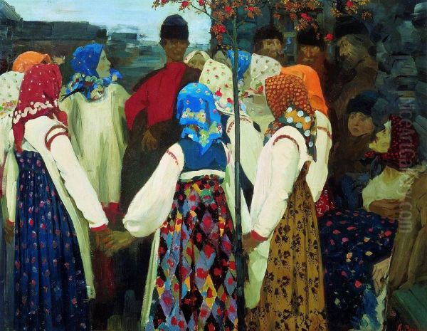 A Young Man Breaking into the Girls' Dance, and the Old Women are in Panic Oil Painting by Andrei Petrovich Ryabushkin