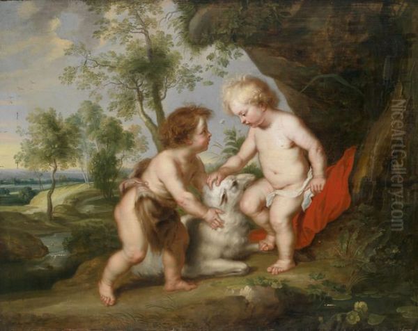 Christ and John the Baptist as children in a landscape Oil Painting by Peter Paul Rubens