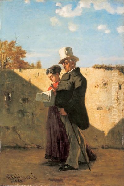 La passeggiata (Il padre e la sorella del pittore) Oil Painting by Vincenzo Cabianca